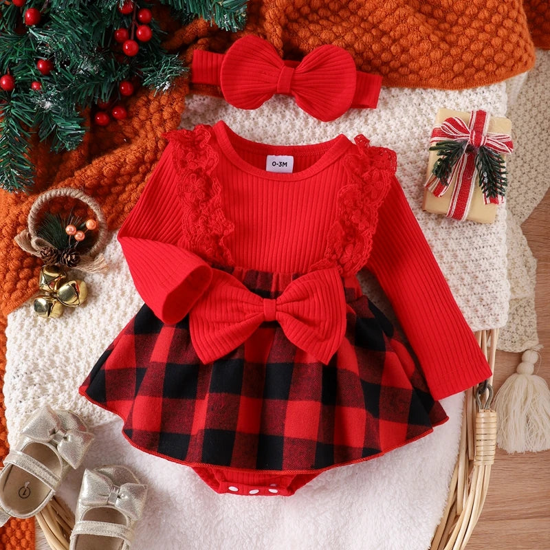 Baby girl Christmas style pit stripe splicing lace plaid triangle bag fart jacket set