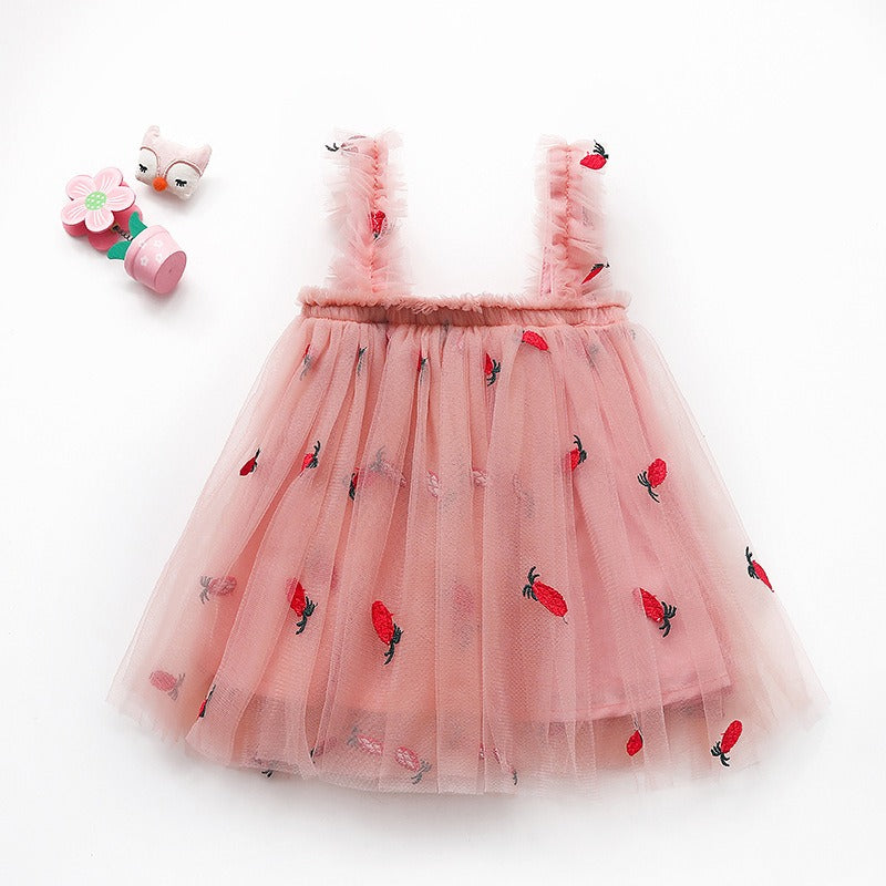 New embroidered mesh suspender dress for girls strapless fluffy princess dress