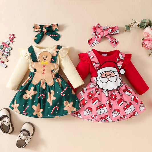 Baby Christmas long sleeved top suspender skirt set Christmas grandpa jumpsuit+solid color hoodie