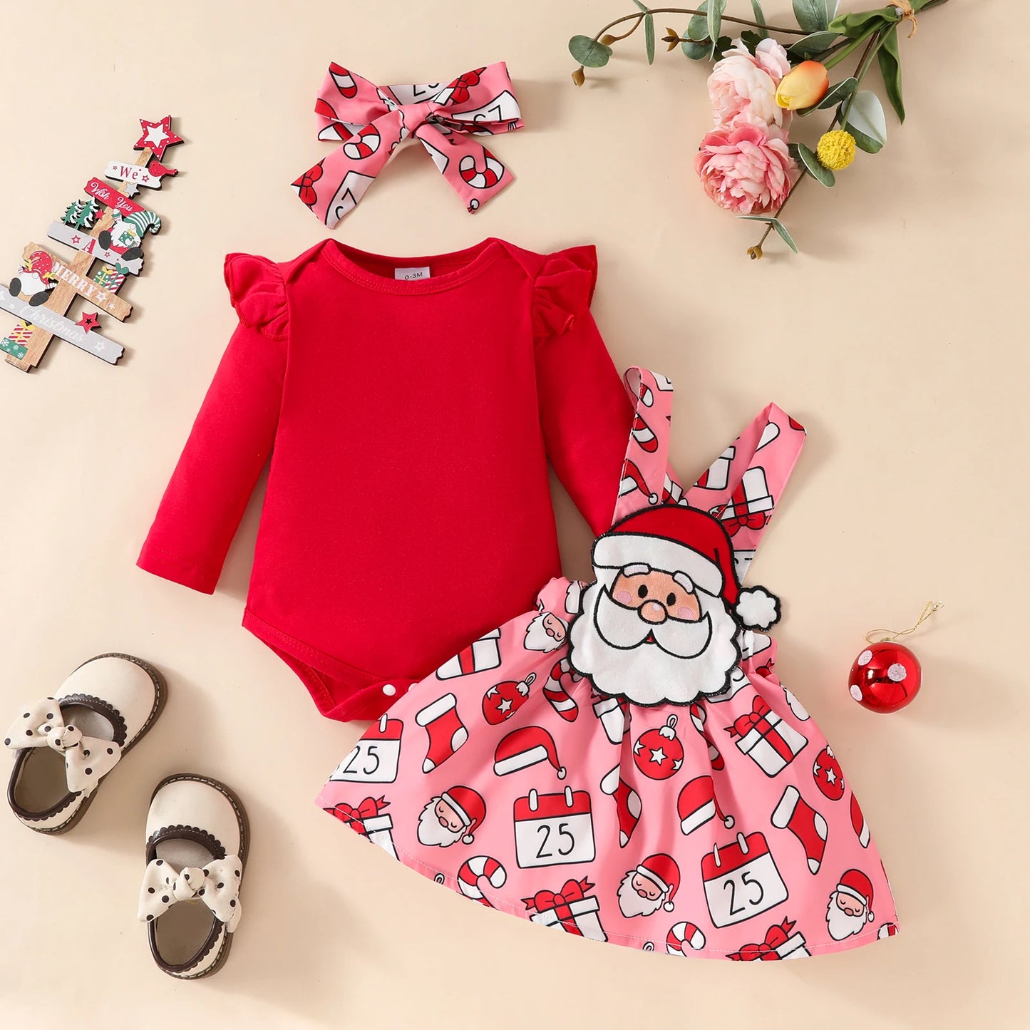 Baby Christmas long sleeved top suspender skirt set Christmas grandpa jumpsuit+solid color hoodie