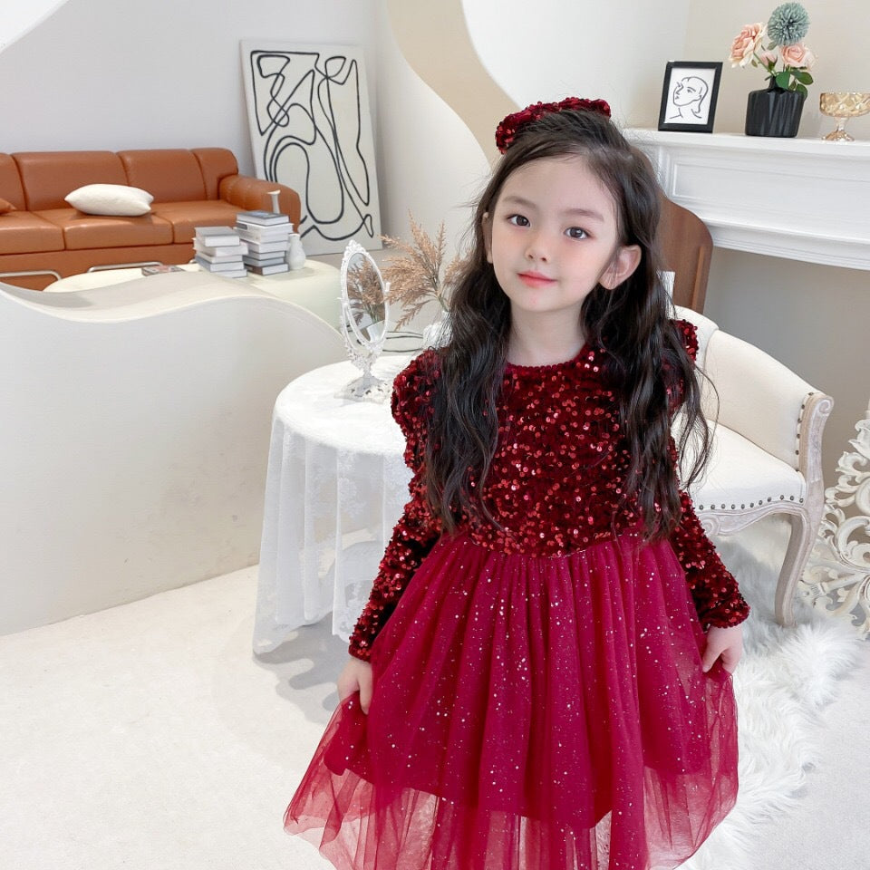 Free Hair Accessories Plush Sequin Dress Girl's Long Sleeve Puffy Dress Fairy Princess Dress