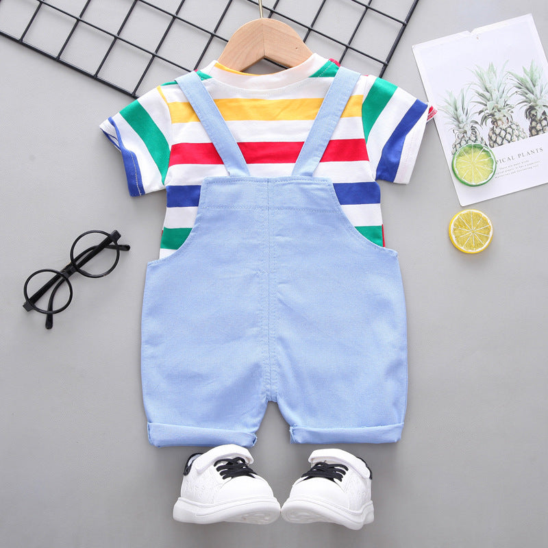 Children's Clothing Boys Striped Short Sleeve Printed Straps Two-Piece Fashion Cute Boy Summer Thin Section