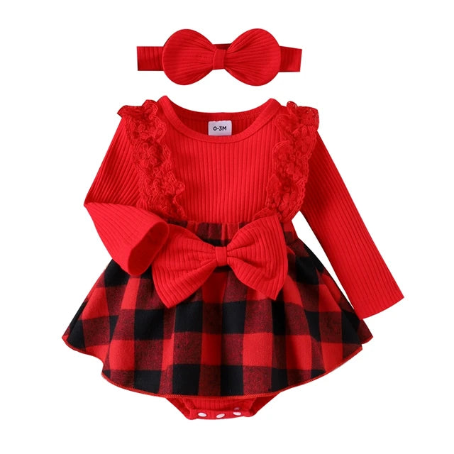 Baby girl Christmas style pit stripe splicing lace plaid triangle bag fart jacket set