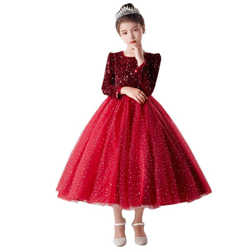 Children's Dress Princess Skirt Girls Wedding Fluffy Net Dress Children Long-Sleeved Dresses Little Girl Host Dress