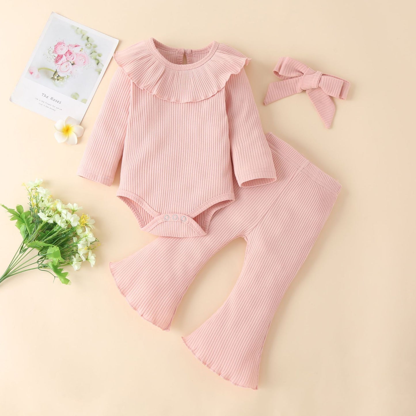 Autumn And Winter Infant Solid Color Pit Strip Cotton Long-Sleeved Ruffled Romper Flared Three-Piece Set