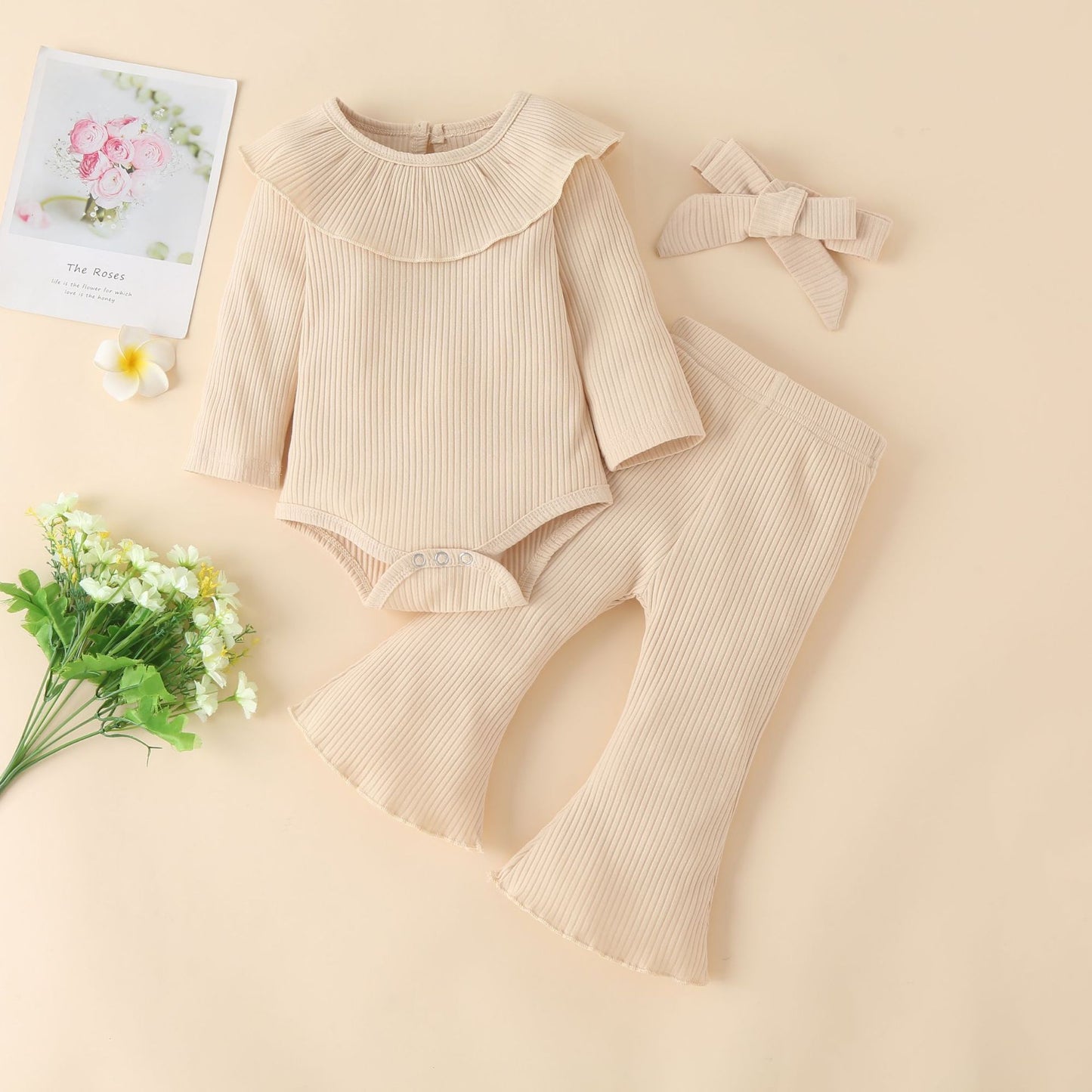 Autumn And Winter Infant Solid Color Pit Strip Cotton Long-Sleeved Ruffled Romper Flared Three-Piece Set