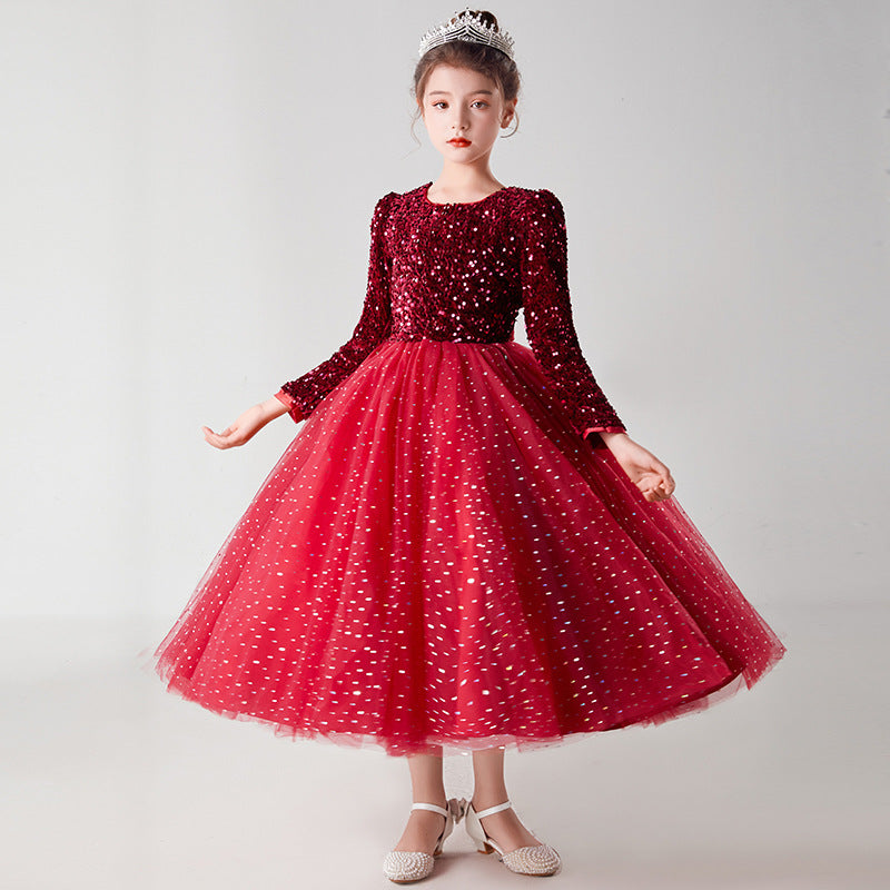 Children's Dress Princess Skirt Girls Wedding Fluffy Net Dress Children Long-Sleeved Dresses Little Girl Host Dress