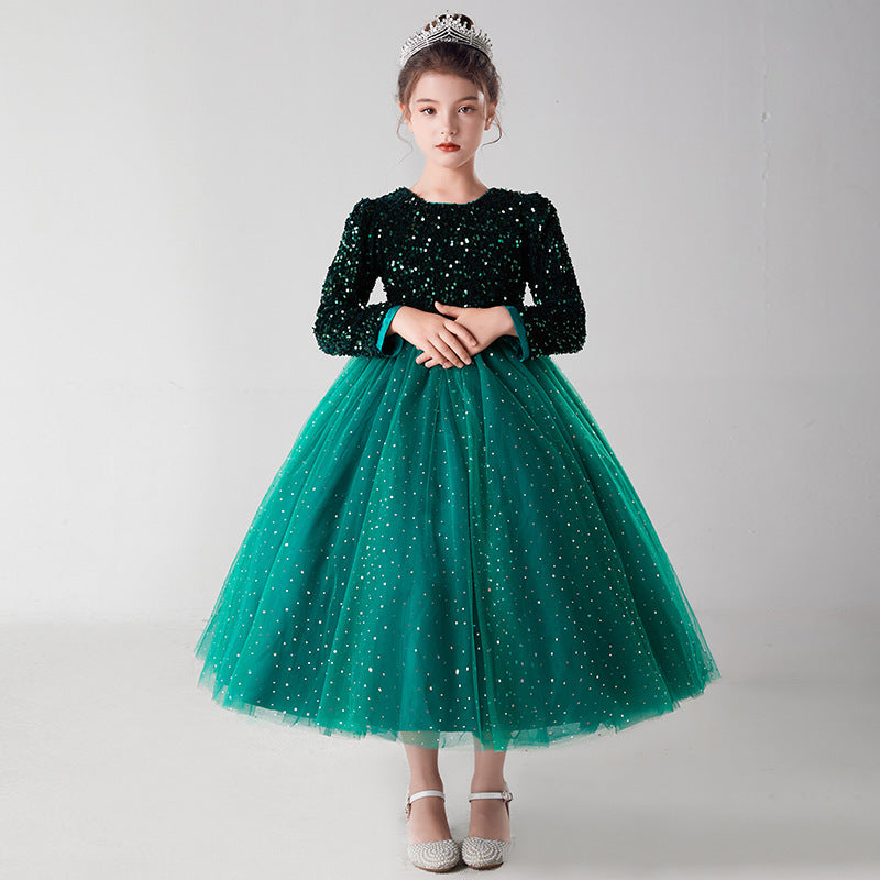 Children's Dress Princess Skirt Girls Wedding Fluffy Net Dress Children Long-Sleeved Dresses Little Girl Host Dress