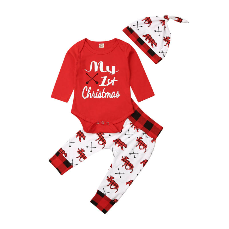 Lovely Baby Boy My First Christmas Letter Romper Kids T-Shirts Pant Newborn Hat Outfits Girl Xmas Set Autumn Clothing 2PCS Sets