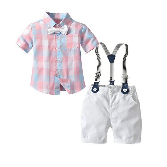 Summer Baby Boy Gentleman Suit Plaid Bow Tie Cotton Shorts Short Sleeve Multi-Piece Children's Clothing