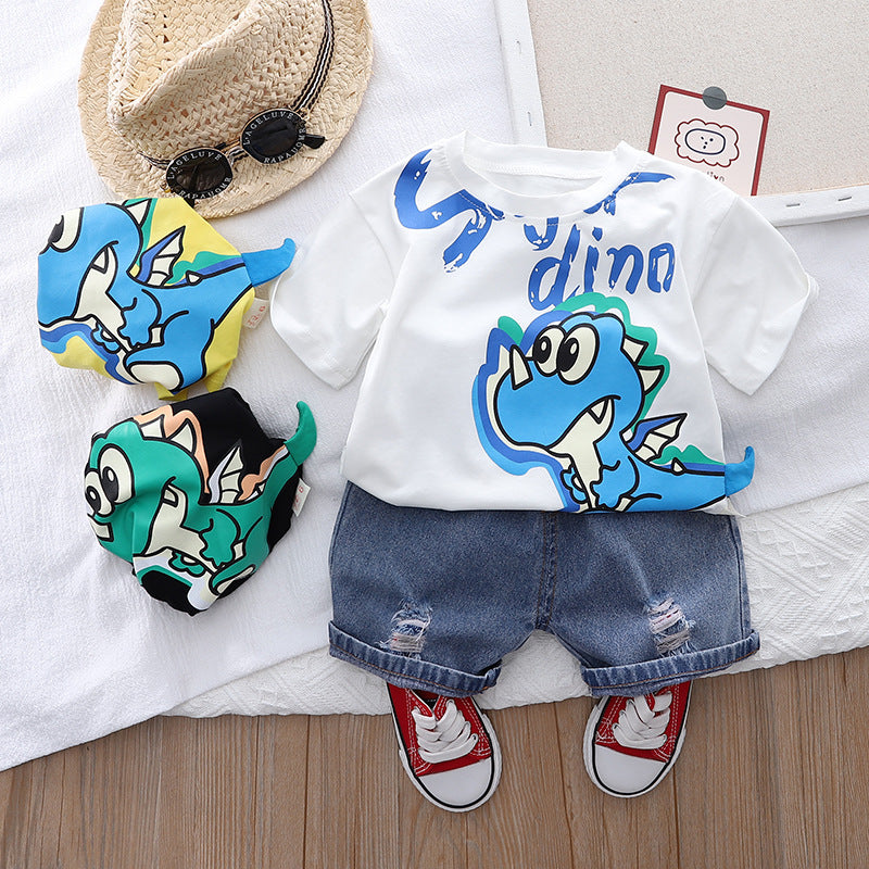 Children's Clothing Korean Version Children's Cartoon Round Neck T-Shirt Boy Short Sleeve Suit