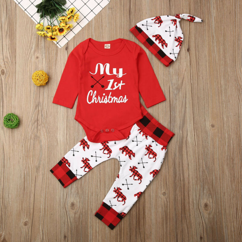 Lovely Baby Boy My First Christmas Letter Romper Kids T-Shirts Pant Newborn Hat Outfits Girl Xmas Set Autumn Clothing 2PCS Sets