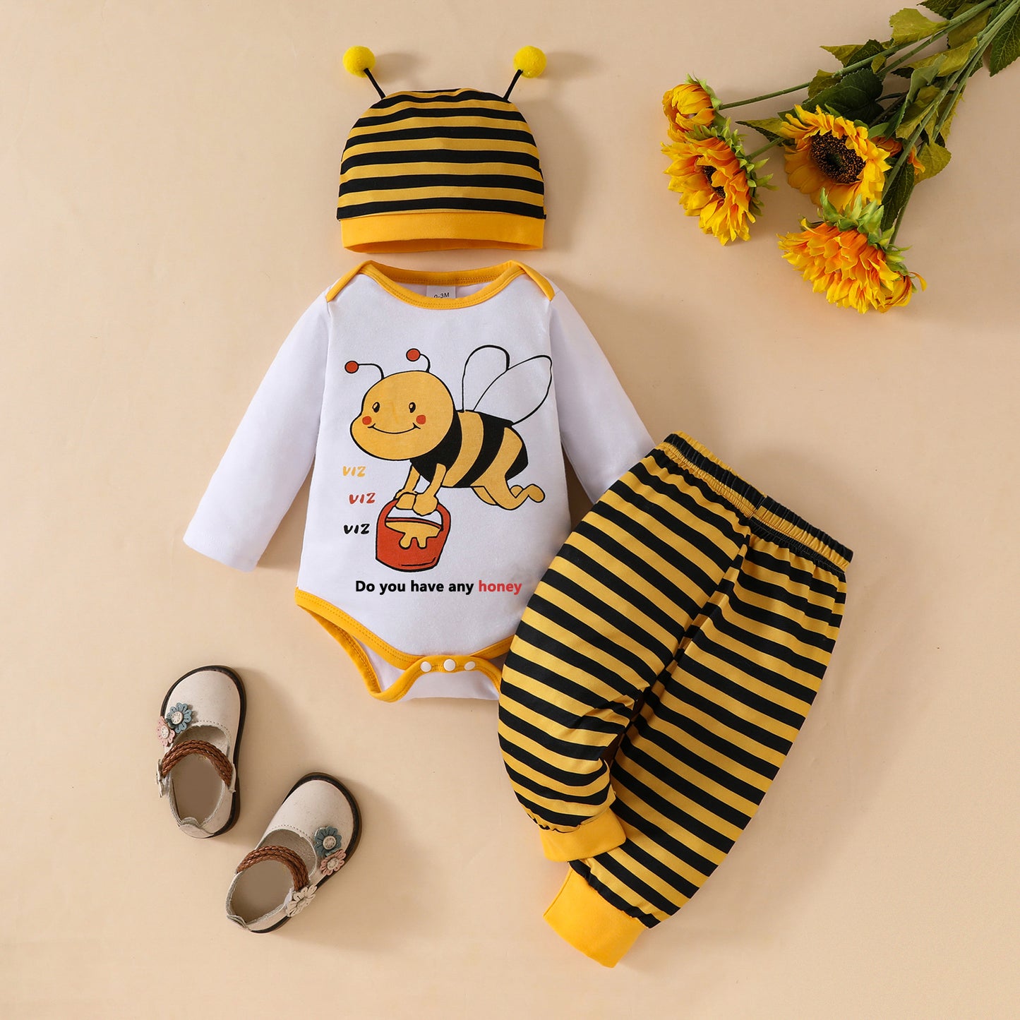 Cute baby boy, baby girl, little bee pattern long sleeved triangular khaki striped pants+tentacle hat set