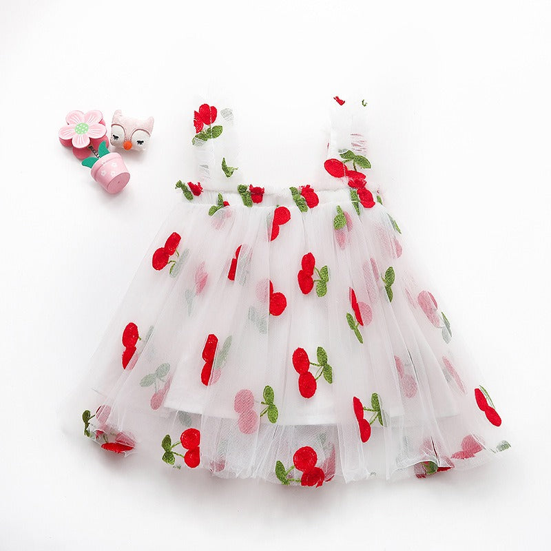 Girl embroidered mesh strapless fluffy princess dress