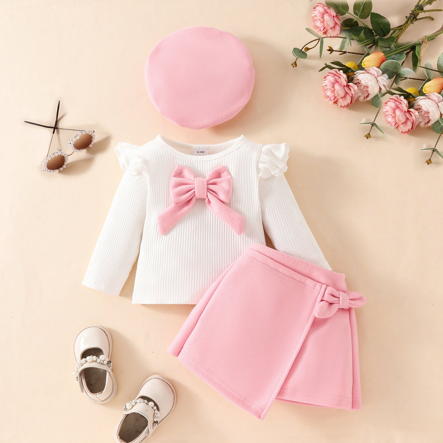 Fashion Step Girl Big Bow Beret Long Sleeve Top with Velvet Half Skirt Autumn/Winter 3-Piece Set