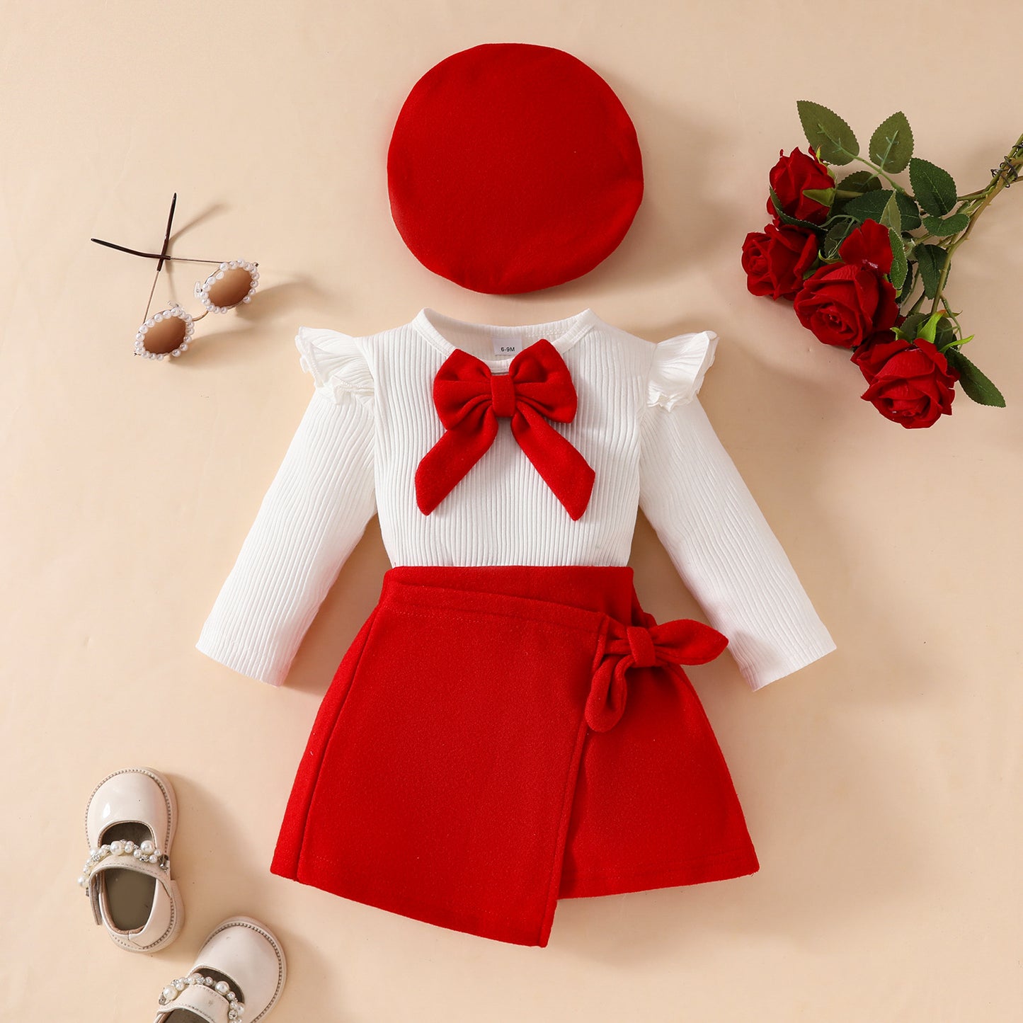 Fashion Step Girl Big Bow Beret Long Sleeve Top with Velvet Half Skirt Autumn/Winter 3-Piece Set