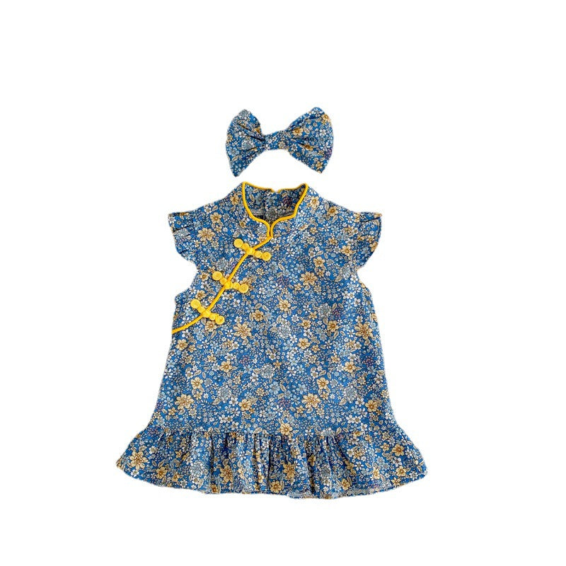 Children's skirt new summer baby girl retro wind disc buckle floral sleeveless cheongsam 0-2 years old baby dress