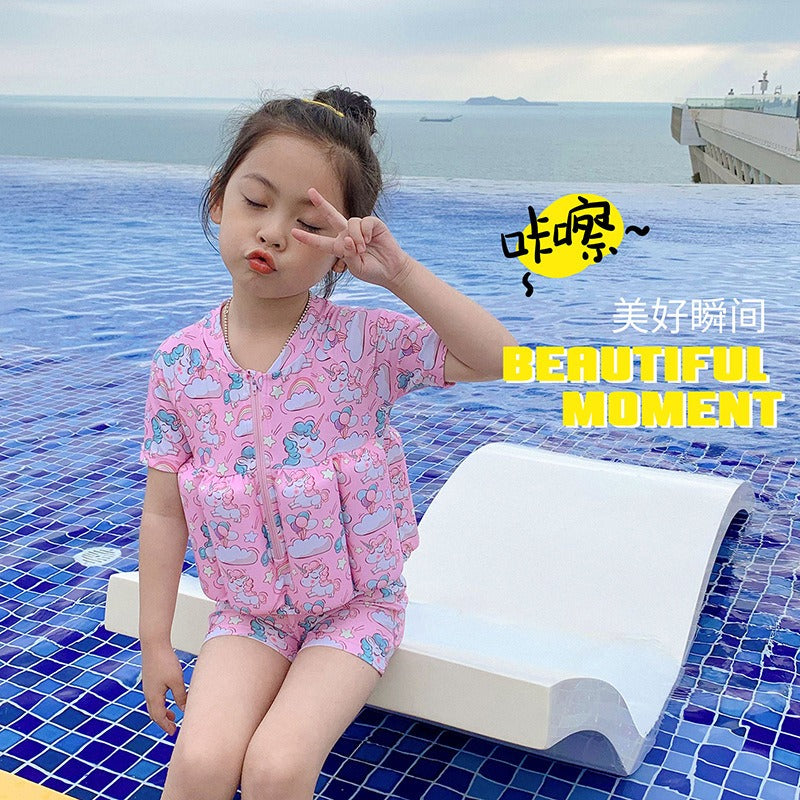 Children's buoyancy swimsuit for girls and boys, cute baby short sleeved zipper one-piece surfing floating vest swimsuit