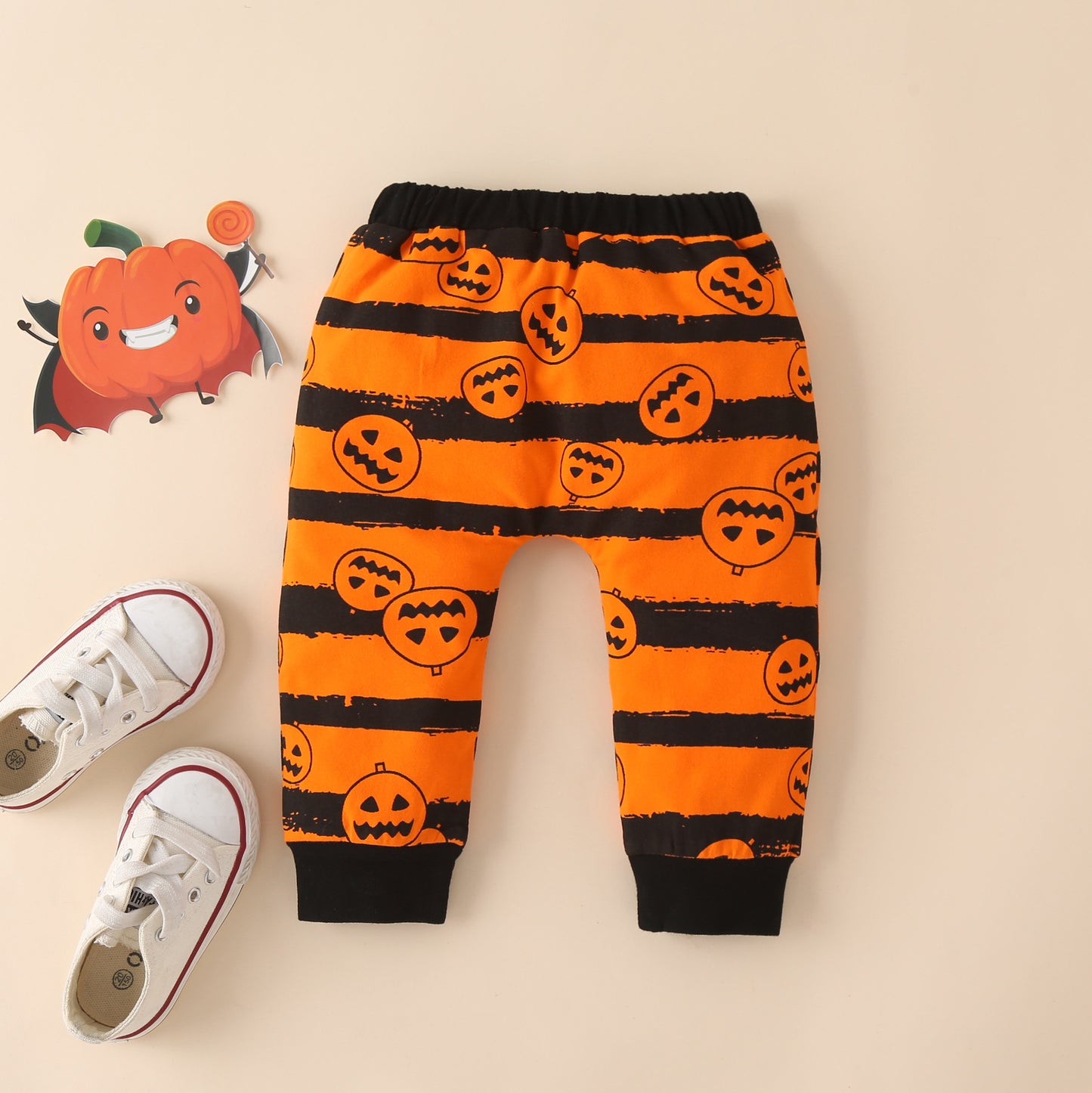 Ins Baby Children's Clothing Autumn And Winter New Halloween Pumpkin Print Long-Sleeved Romper Three-Piece Set