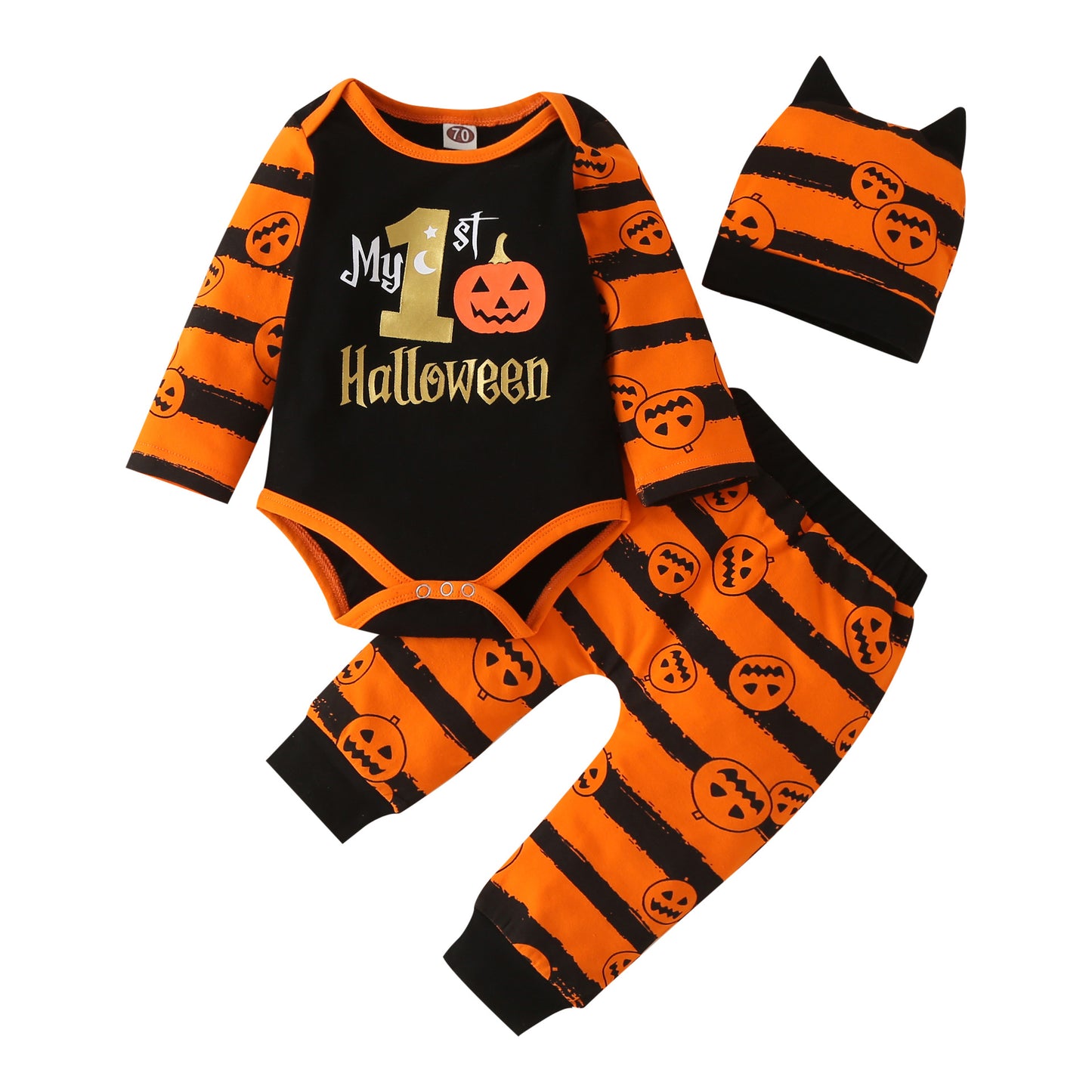 Ins Baby Children's Clothing Autumn And Winter New Halloween Pumpkin Print Long-Sleeved Romper Three-Piece Set