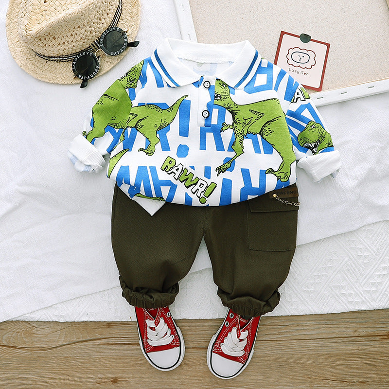 Children's Clothing Handsome Boy Suit Long Sleeve Full Print Animal New Trousers Two-Piece Korean Style