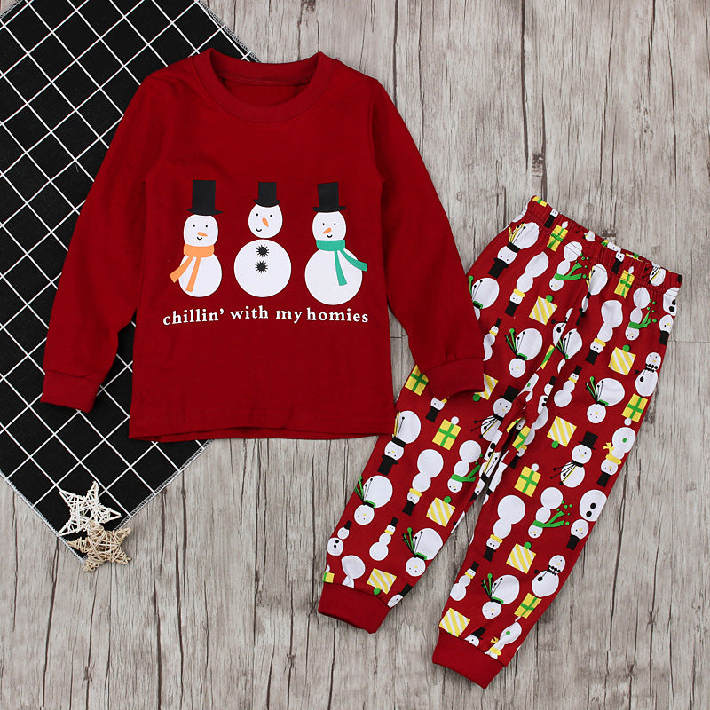 Daughter's Spring/Autumn Christmas Collection Long Sleeve Snowman Two Piece Home Clothes Children's Set