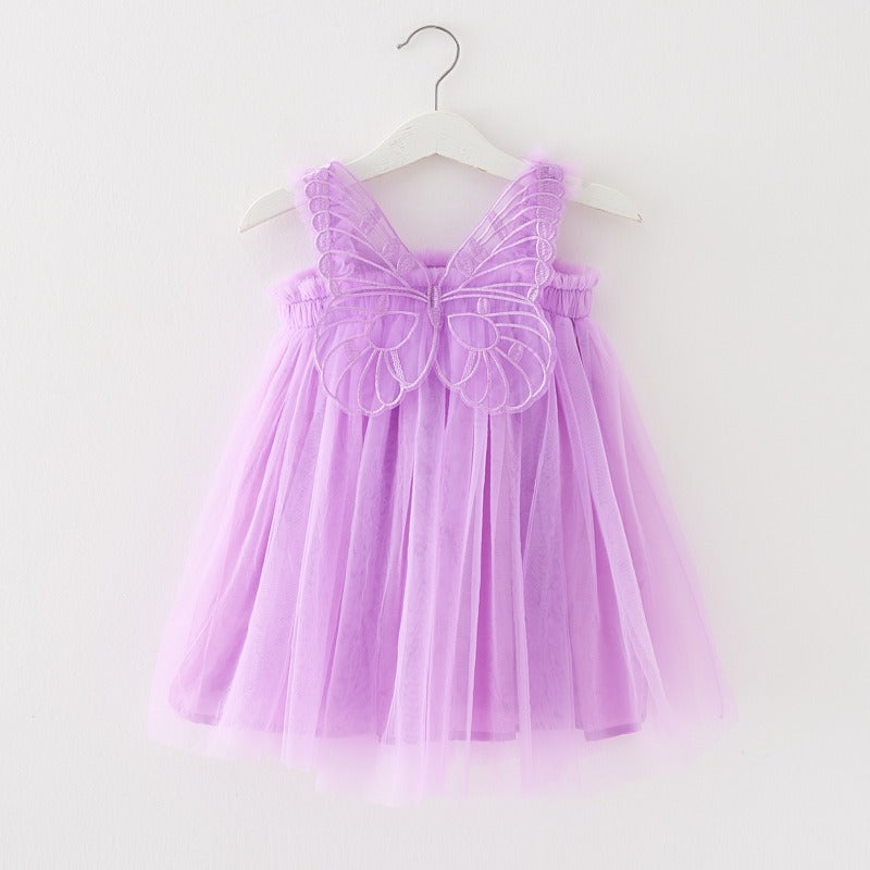 Children's clothing mesh dress with suspender, birthday dress, fluffy skirt, three-dimensional angel wings