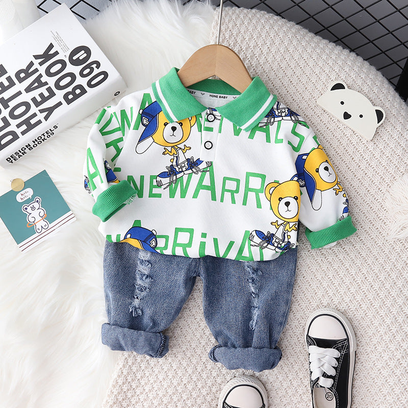 Children's Clothing Handsome Boy Suit Long Sleeve Full Print Animal New Trousers Two-Piece Korean Style