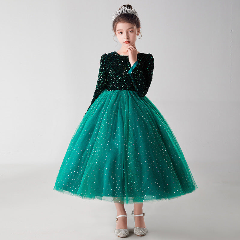 Children's Dress Princess Skirt Girls Wedding Fluffy Net Dress Children Long-Sleeved Dresses Little Girl Host Dress