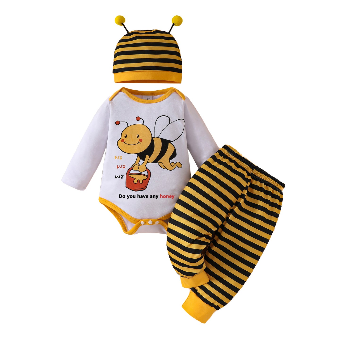 Cute baby boy, baby girl, little bee pattern long sleeved triangular khaki striped pants+tentacle hat set