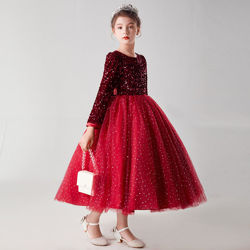 Children's Dress Princess Skirt Girls Wedding Fluffy Net Dress Children Long-Sleeved Dresses Little Girl Host Dress