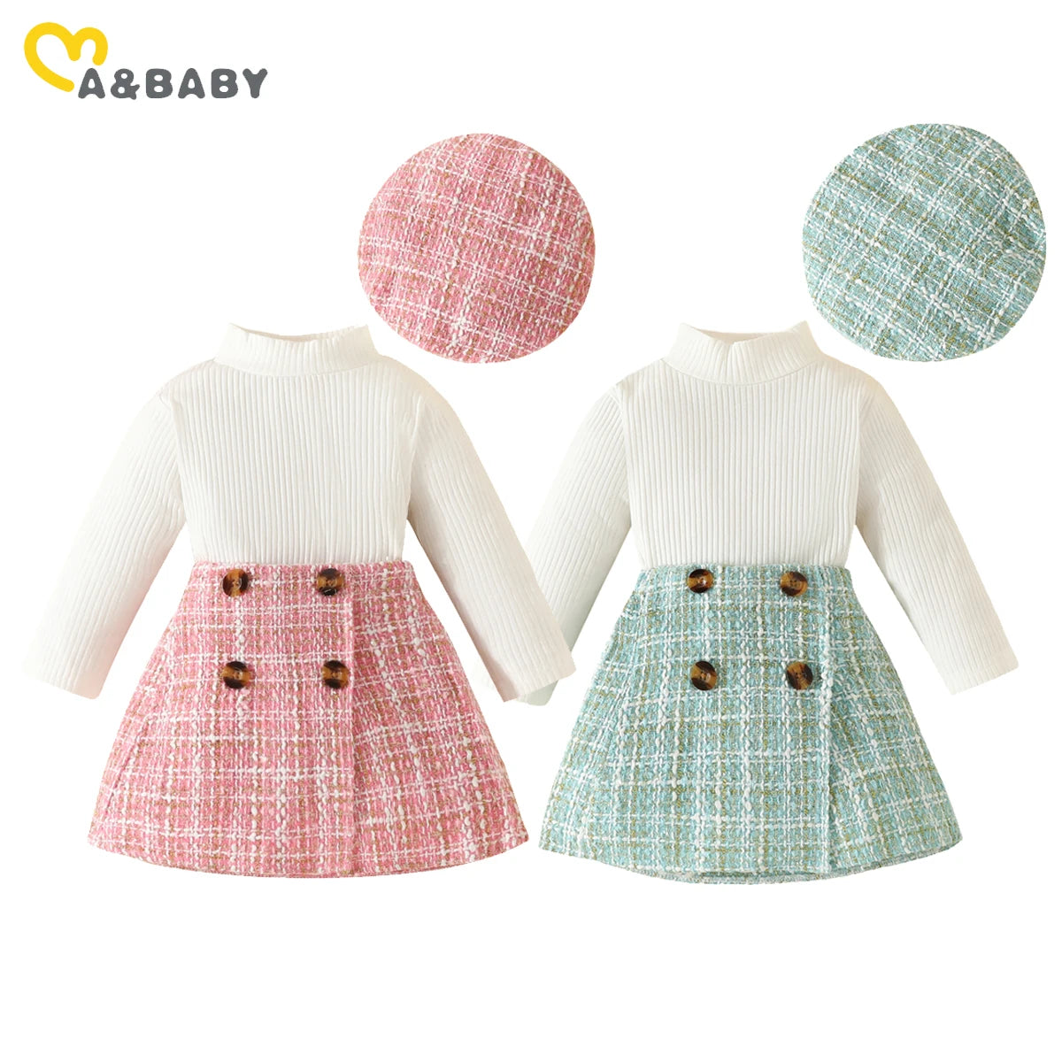 ma&baby 6M-3Y Toddler Infant Newborn Baby Girls Clothes Sets Knit Long Sleeve Tops Plaid Skrits Hat Fall Spring Outfits  D05