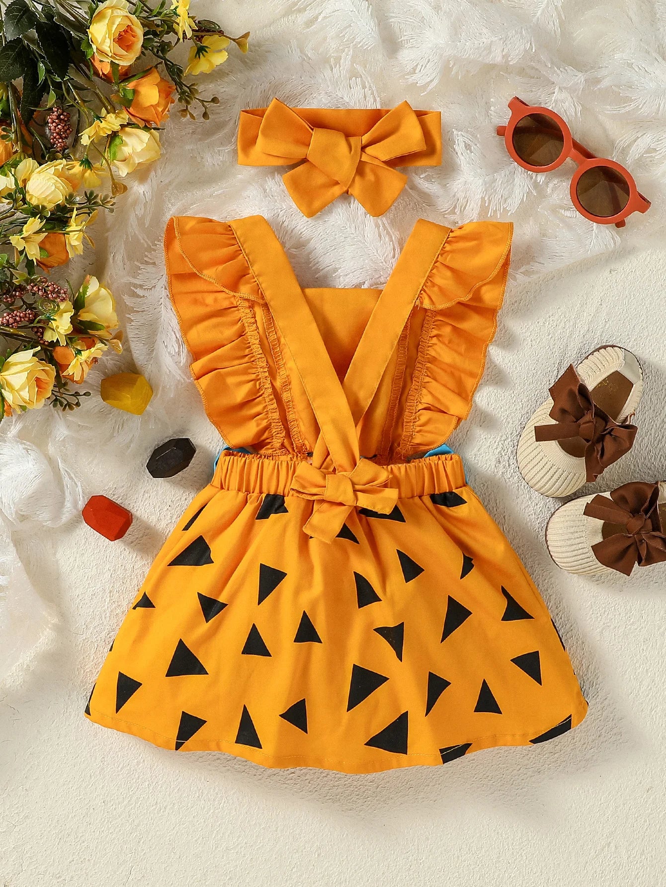 Strap dress bow tie triangle print triangle Ha dress