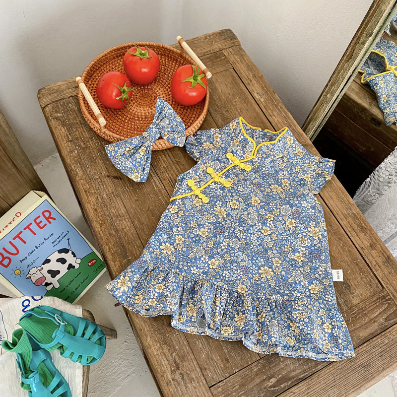 Children's skirt new summer baby girl retro wind disc buckle floral sleeveless cheongsam 0-2 years old baby dress