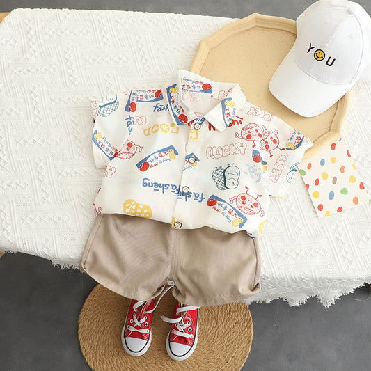 Children's Clothing Summer New Handsome Boy Baby Cartoon Lapel Single-Breasted Shirt Tide Boy Casual Suit