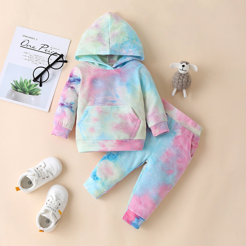 New Children's Sweater Tie-Dye Men's And Women's Hooded Sweater Medium And Large Baby Pullover Two-Piece Suit