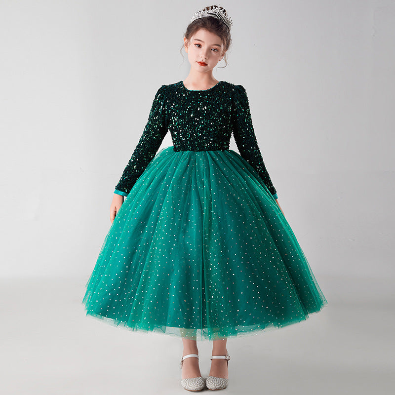 Children's Dress Princess Skirt Girls Wedding Fluffy Net Dress Children Long-Sleeved Dresses Little Girl Host Dress