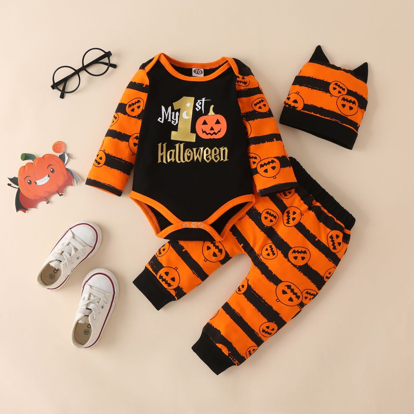 Ins Baby Children's Clothing Autumn And Winter New Halloween Pumpkin Print Long-Sleeved Romper Three-Piece Set