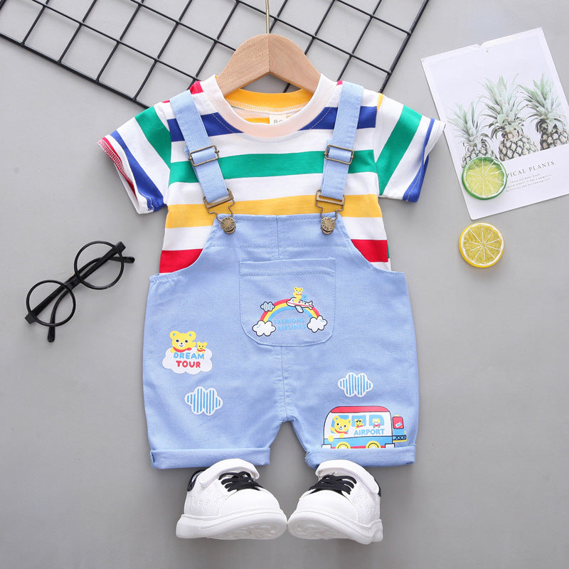 Children's Clothing Boys Striped Short Sleeve Printed Straps Two-Piece Fashion Cute Boy Summer Thin Section