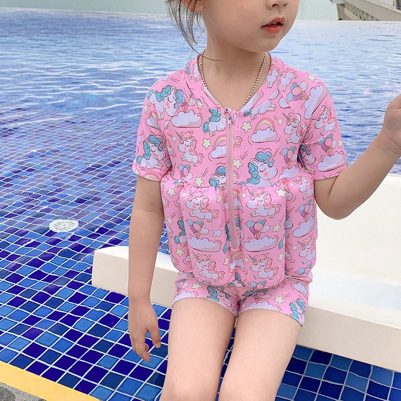 Children's buoyancy swimsuit for girls and boys, cute baby short sleeved zipper one-piece surfing floating vest swimsuit