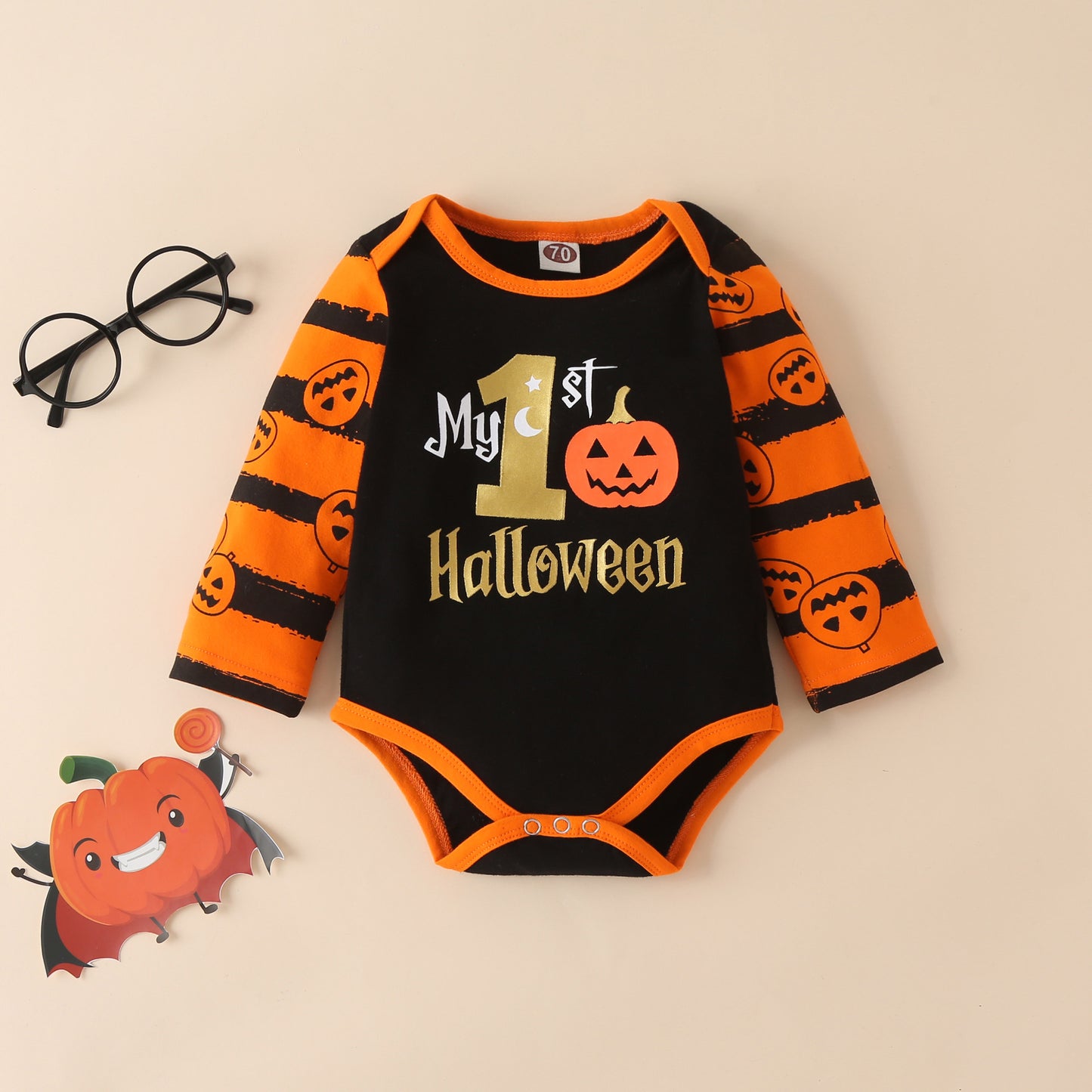 Ins Baby Children's Clothing Autumn And Winter New Halloween Pumpkin Print Long-Sleeved Romper Three-Piece Set