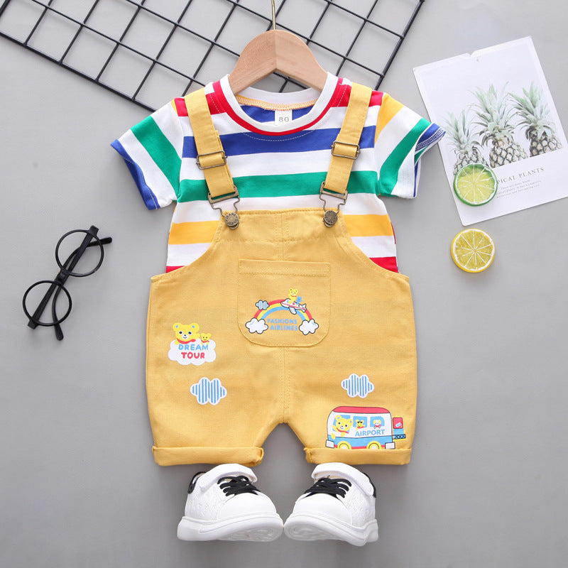 Children's Clothing Boys Striped Short Sleeve Printed Straps Two-Piece Fashion Cute Boy Summer Thin Section