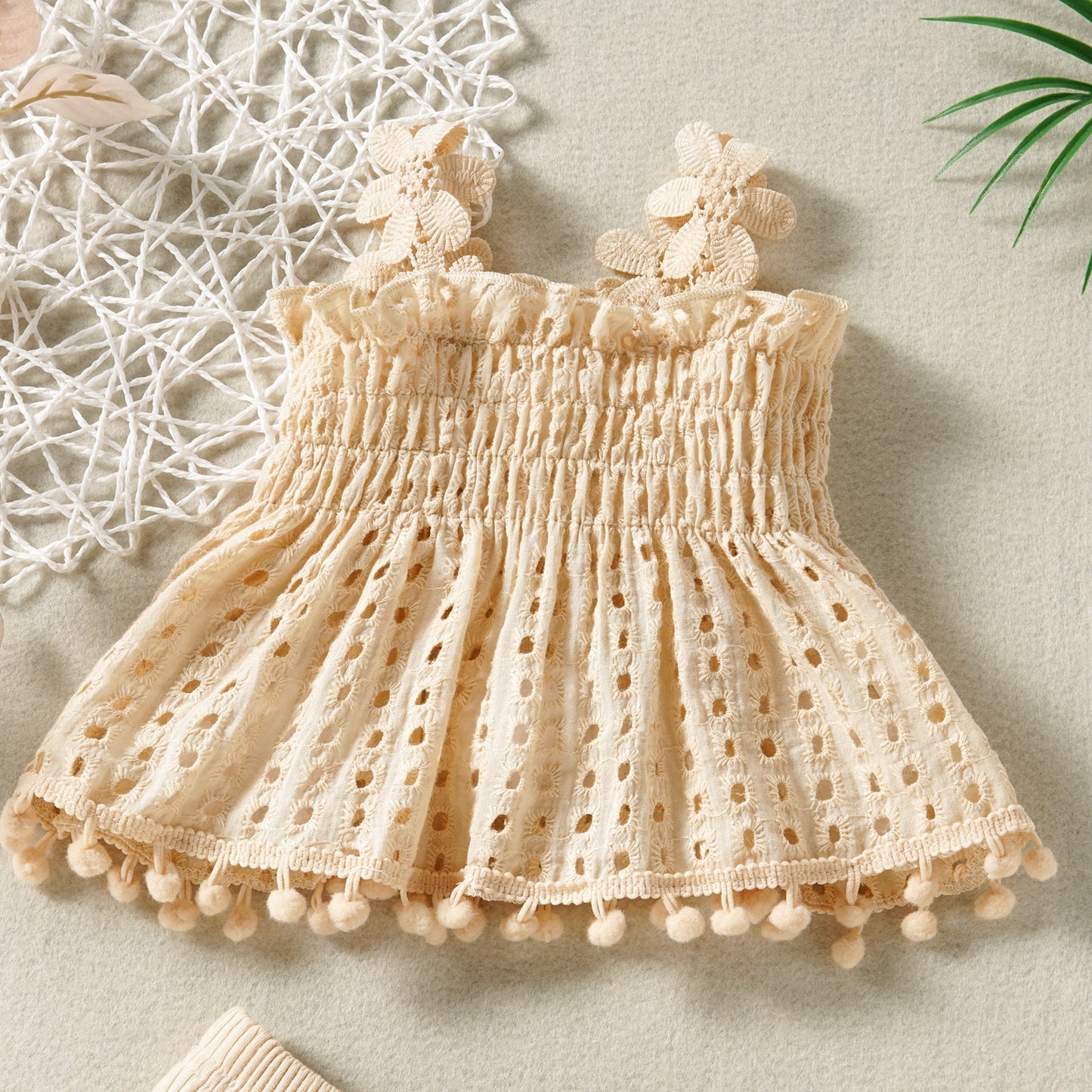 Cotton mesh high-temperature dyed apricot lace hanging doll shirt with ten shorts for women, infants and young children fashion