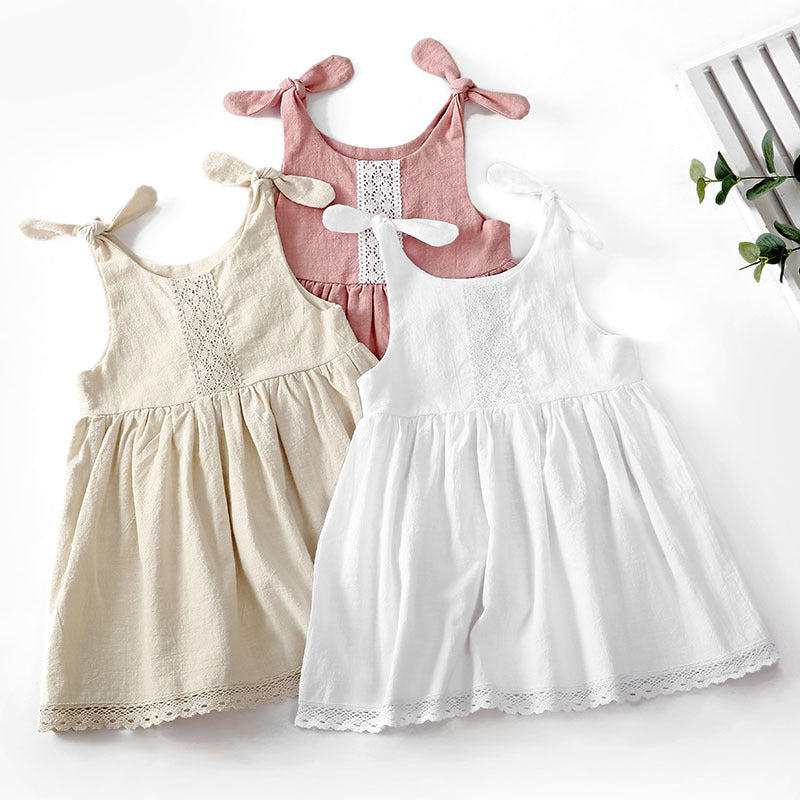 New Solid Color Children's Dress Cotton Linen Lace Princess Dress Lace Up Girls Dress Girls One-Piece