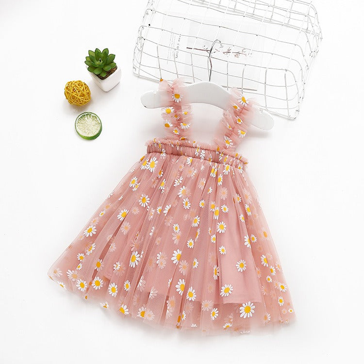 Girl embroidered mesh strapless fluffy princess dress