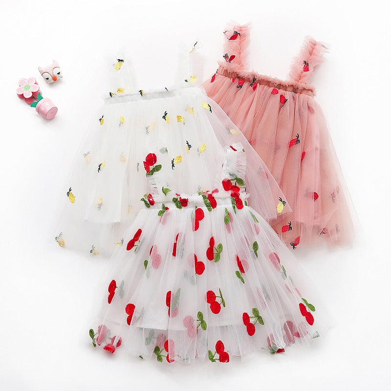 Girl embroidered mesh strapless fluffy princess dress