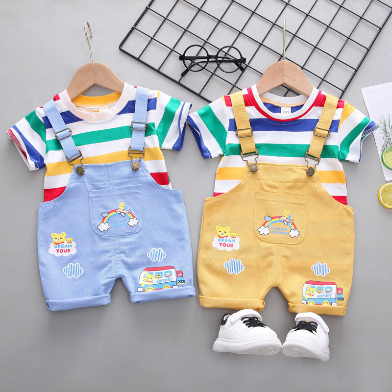 Children's Clothing Boys Striped Short Sleeve Printed Straps Two-Piece Fashion Cute Boy Summer Thin Section