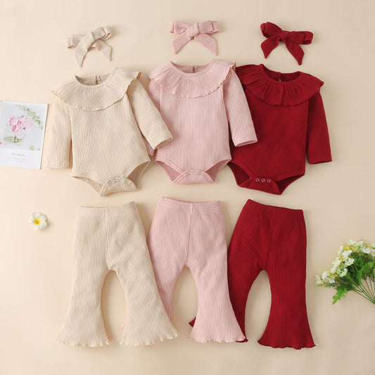 Autumn And Winter Infant Solid Color Pit Strip Cotton Long-Sleeved Ruffled Romper Flared Three-Piece Set