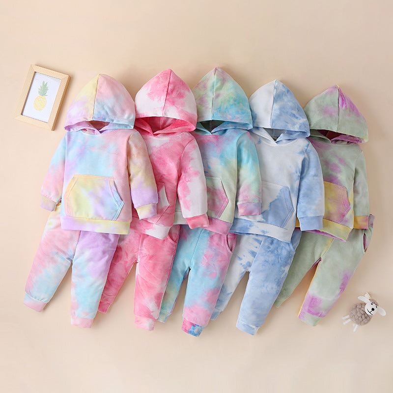 New Children's Sweater Tie-Dye Men's And Women's Hooded Sweater Medium And Large Baby Pullover Two-Piece Suit