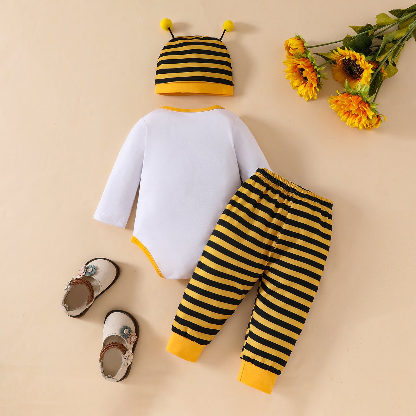 Cute baby boy, baby girl, little bee pattern long sleeved triangular khaki striped pants+tentacle hat set